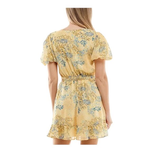 Speechless Juniors Yellow & Blue Floral-Print Puff-Sleeve Dress Large NWT - Picture 3 of 11
